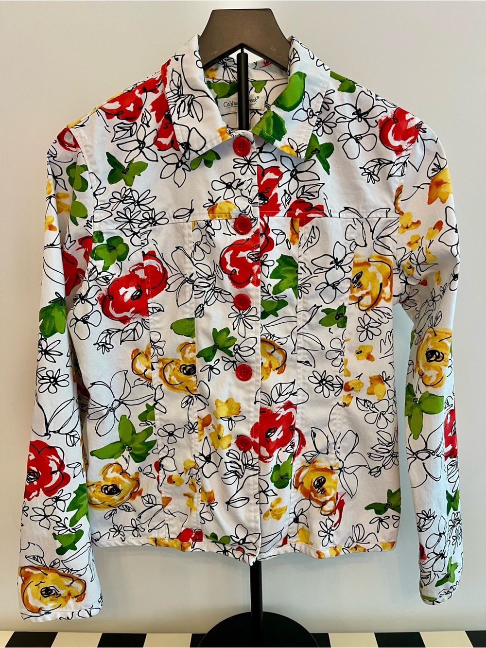 Coldwater Creek White Floral Jean Jacket with Red, Yellow & Green